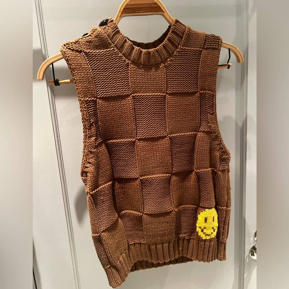 Ganni brown chunky cotton knit vest, smiley face and shoulder button detail XS
